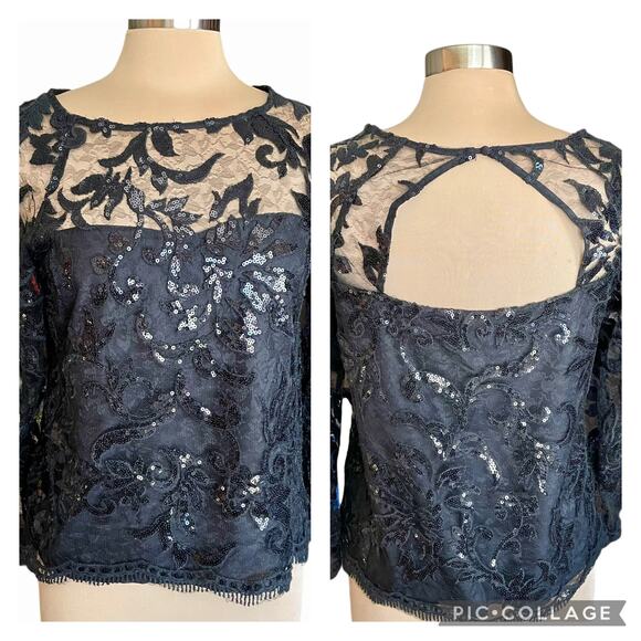 Cupcakes & Cashmere Black Lace Sequin Top MED Whimsygoth Evening Glamorous - Picture 1 of 10